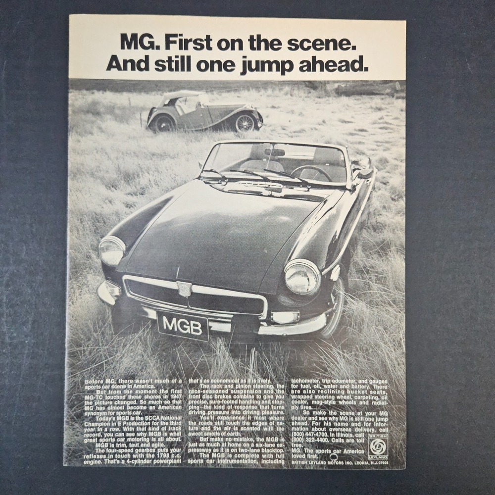 1974 MGB British Leyland Motors Vintage Print Ad Leonia NJ Classic Sports Car